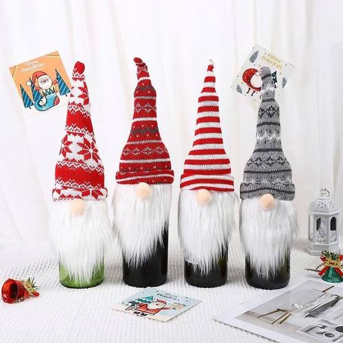 4Pcs Christmas Plush Gnomes Wine Bottle Toppers Knitted Tomt