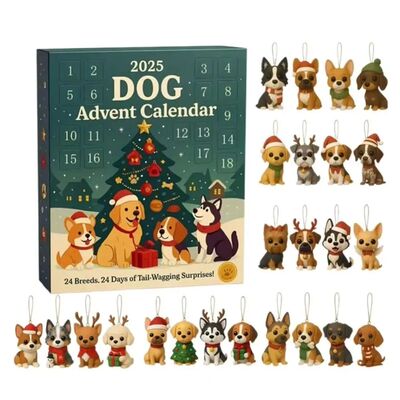 2D Dog Advent Calendar 24Pc Reusable Festive Dog Breed Ornam