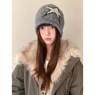 Gray Knitted Women Cuff Winter For Star Hat Woolen Cold