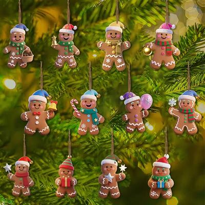 12pcs Christmas Gingerbread Man Ornaments Xmas Tree Wooden H