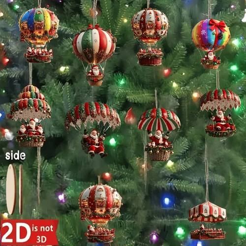 12Pcs Christmas Wooden Hot Air Balloon Santa Claus 2D Flat W