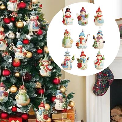 9Pcs Christmas Pendents Set Cartoon Wooden Snowman Ornament