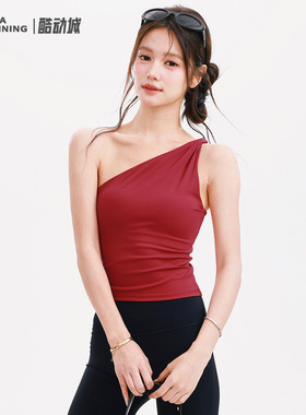 奔跑吧卡卡含胸垫运动背心女无袖斜肩红色性感健身美背瑜伽服外穿