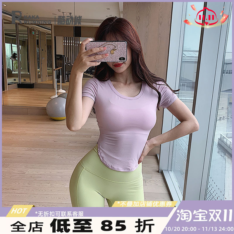 奔跑吧卡卡性感开叉下摆运动t恤女紧身速干跑步健身短袖瑜伽上衣