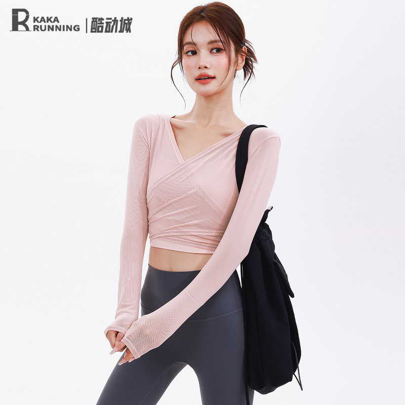 奔跑吧卡卡固定杯运动上衣女交叉网纱温柔瑜伽服长袖透气健身服女