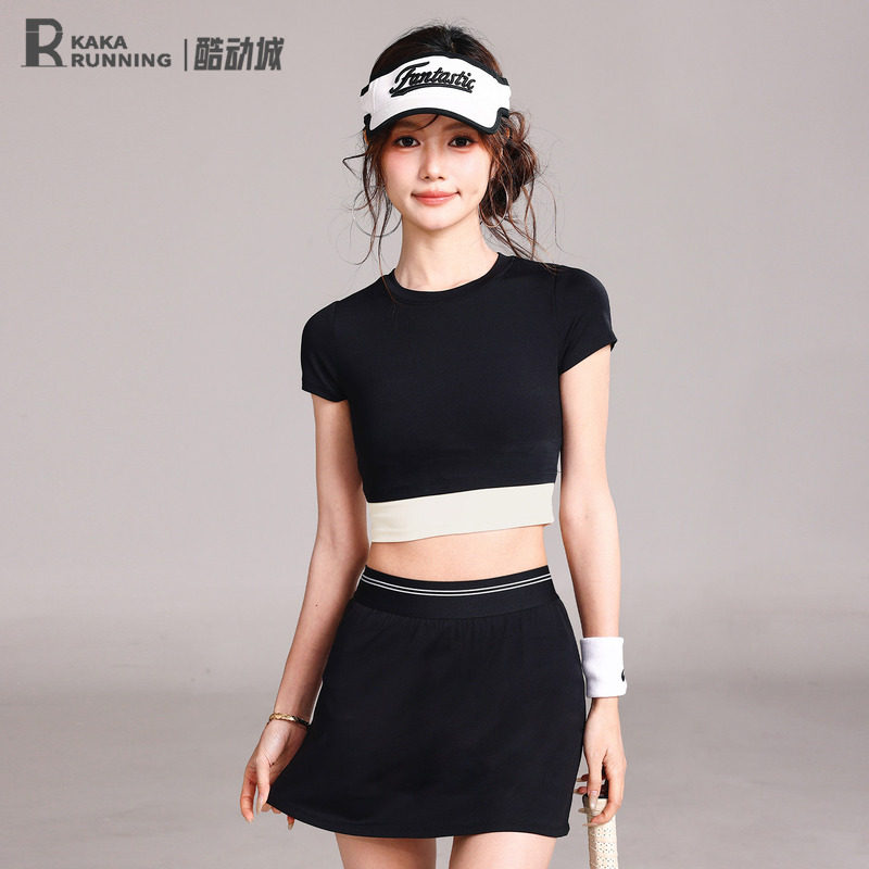 奔跑吧卡卡固定杯运动上衣女短袖拼色紧身露腰夏显瘦T恤瑜伽健身