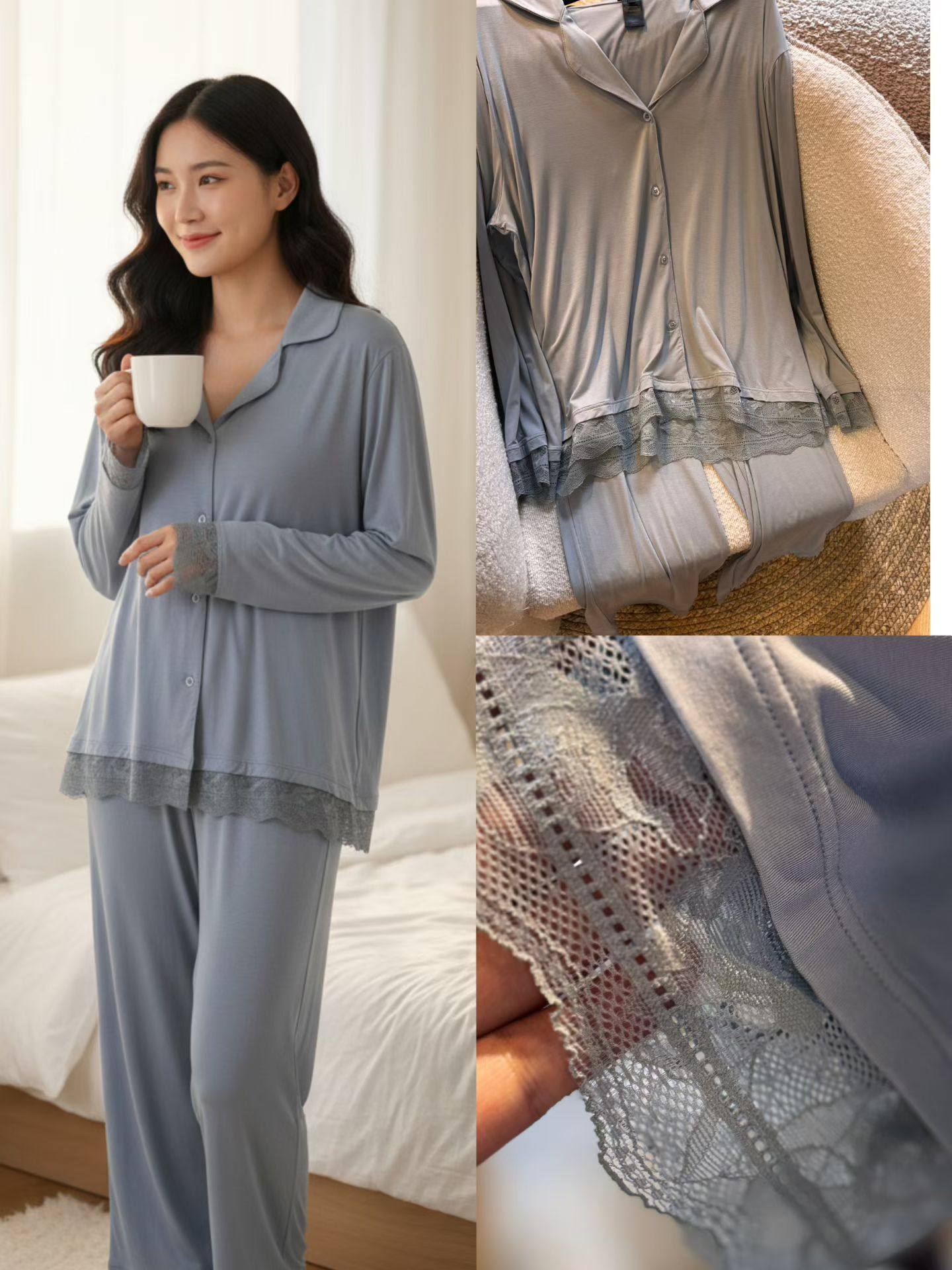 出口品质水溶蕾丝边莫代尔棉质小翻领长袖长裤女士睡衣家居服套装