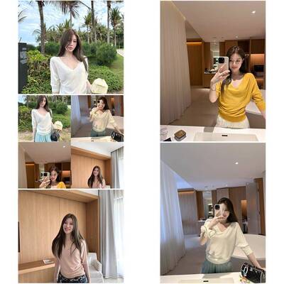 蝶宝嘻 夏日偏爱 天丝亚麻短五分袖T恤女夏季百搭V领打底衫内搭上