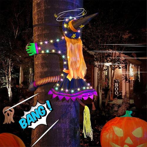2 Modes Halloween Crashing Witch into Tree Decoration Hallow