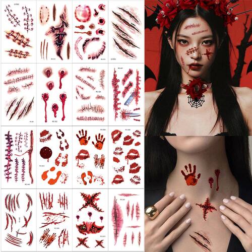 16pcs Zombie Temporary Tattoos for Halloween Fake Scar Reali