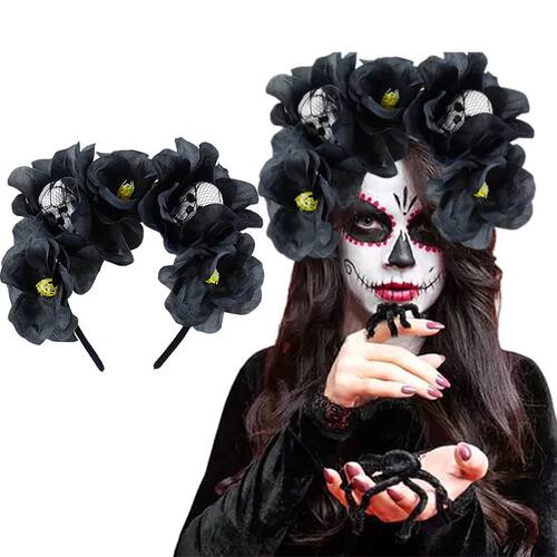 Halloween Rose Headband Skull Hair Band Black Flower Crown D
