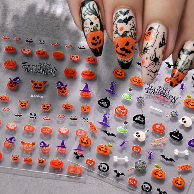5D Halloween Spooky Pumpkin Bat Nail Sticker Blood Red Skull