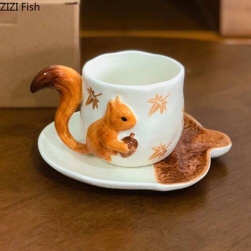 Squirrel Maple Leaf Relief Porcelain Cupsaucer Coffee Mug Di