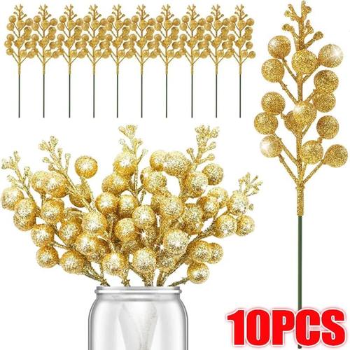 1-10PCS Christmas Gold Berries Picks Artificial Red Cherry B