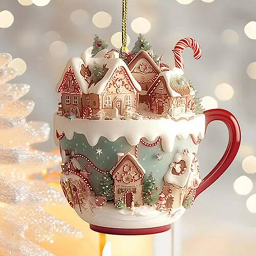 Acrylic coffee cup ornament 2D Art Keychain Pendant Christma
