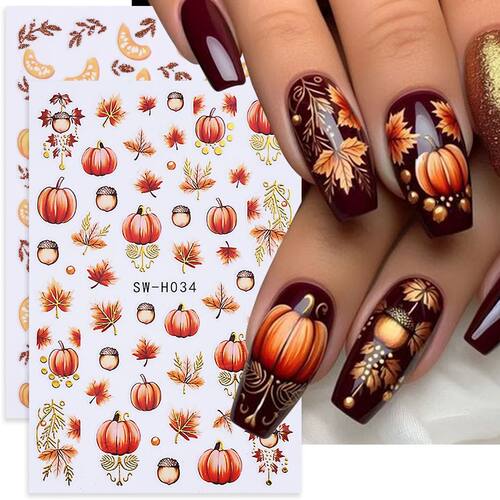 2pcs Autumn Pumpkin Nail Stickers 3D Maple Leaf Pine Fruit S