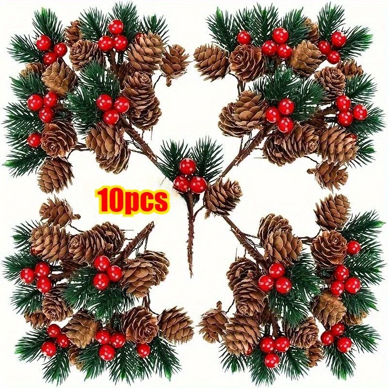 10/30pcs Red Berry Stem Pine Tree Branches Artificial Pine C