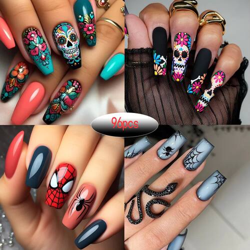 4 sets of medium-length square false nails 96/24Pc with desi