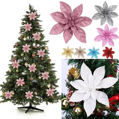 15cm Glitter Artificial Christmas Flowers Xmas Tree Ornament