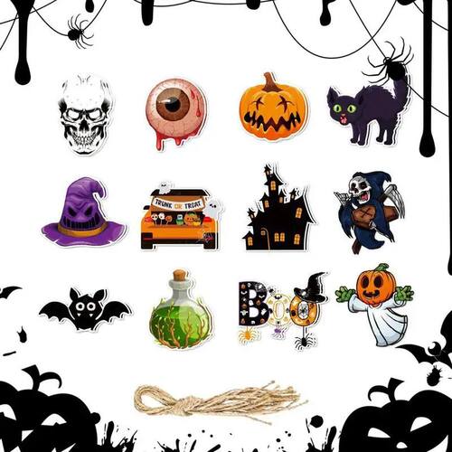 12pcs Halloween Cardboard Ornament Skull Pumpkin Hanging Dec