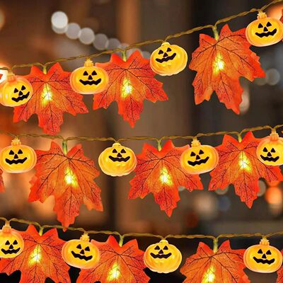 Artificial Autumn Maple Leaves Pumpkin Garland LED Fairy Str