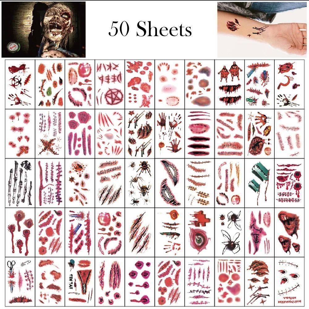 50 Sheets Horrible Halloween Theme Bloody Wound Tattoo Tempo