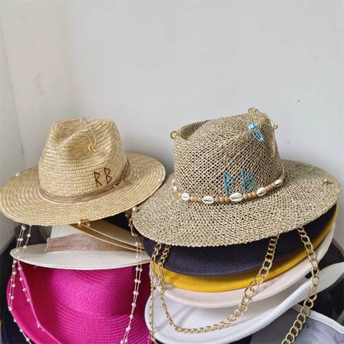 White straw hat pearl chain DIY flat top sun hat new Korean