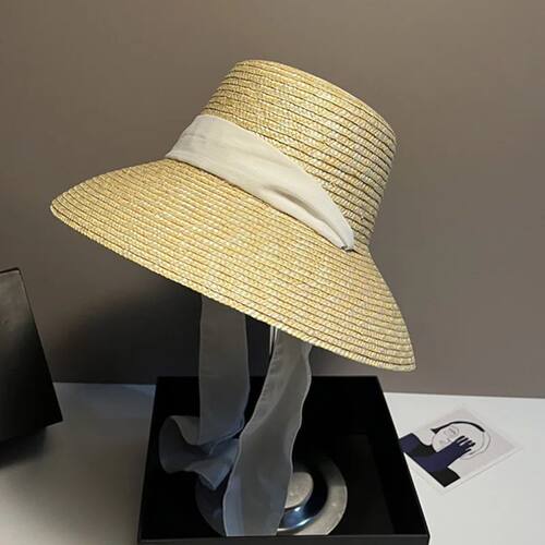 Women Cloche Sun hat White Ribbon Tie Wheat Straw Sun Hat Su