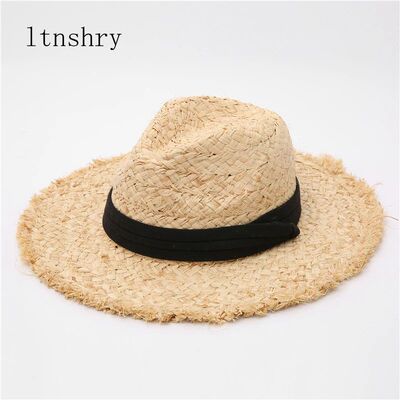 New Raffia hat Panama Straw Hat Summer Black ribbon Women Me