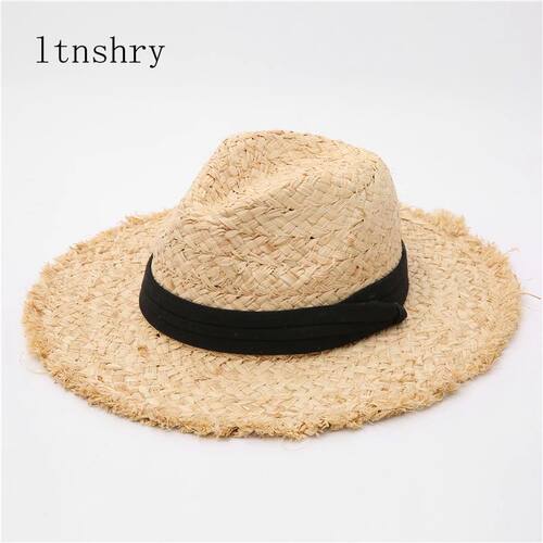 New Raffia hat Panama Straw Hat Summer Black ribbon Women Me
