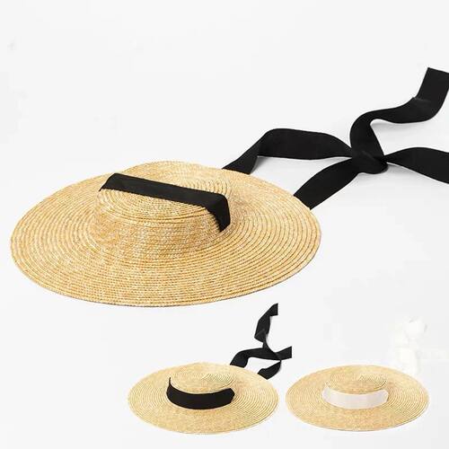 Wide Brim Sun Hat 15cm Brim Straw Hat Flat for Women Beach C