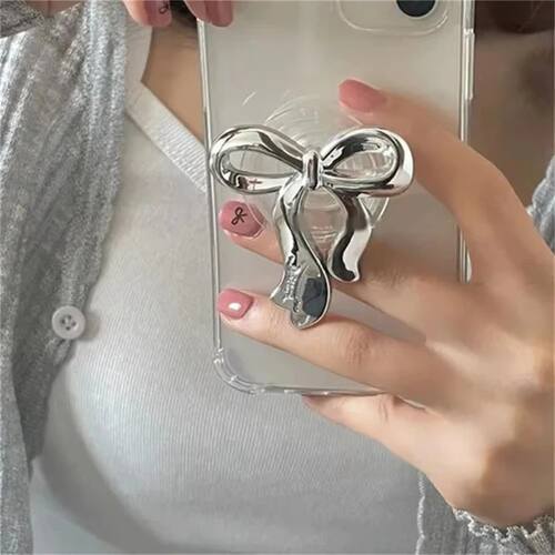 Korean Cute Silvery Bowknot Griptok Clear Phone Finger Ring