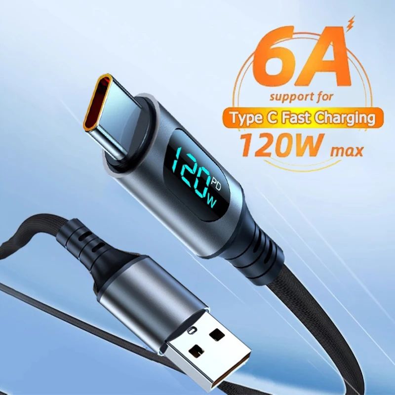 6A 120W USB A To Type C Super Quick Charge Cable Nylon Data Cord For Redmi POCO Samsung With Led Dig