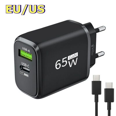 65W GaN Dual Ports USB Type C Quick Charging Quick Charge 3.0 Travel Charger EU/US Plug Wall Adapter