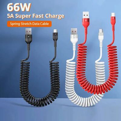 Spring Telescopic 66W 5A Quick Charging TypeC Data Cable USB 3A Micro Car Phone Charger for Samsung