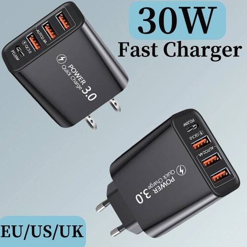 4-Port 30W USB C Quick Charger PD QC 3.0 Multi Port Wall Charger for iPhone 15 14 Pro Max Samsung S2