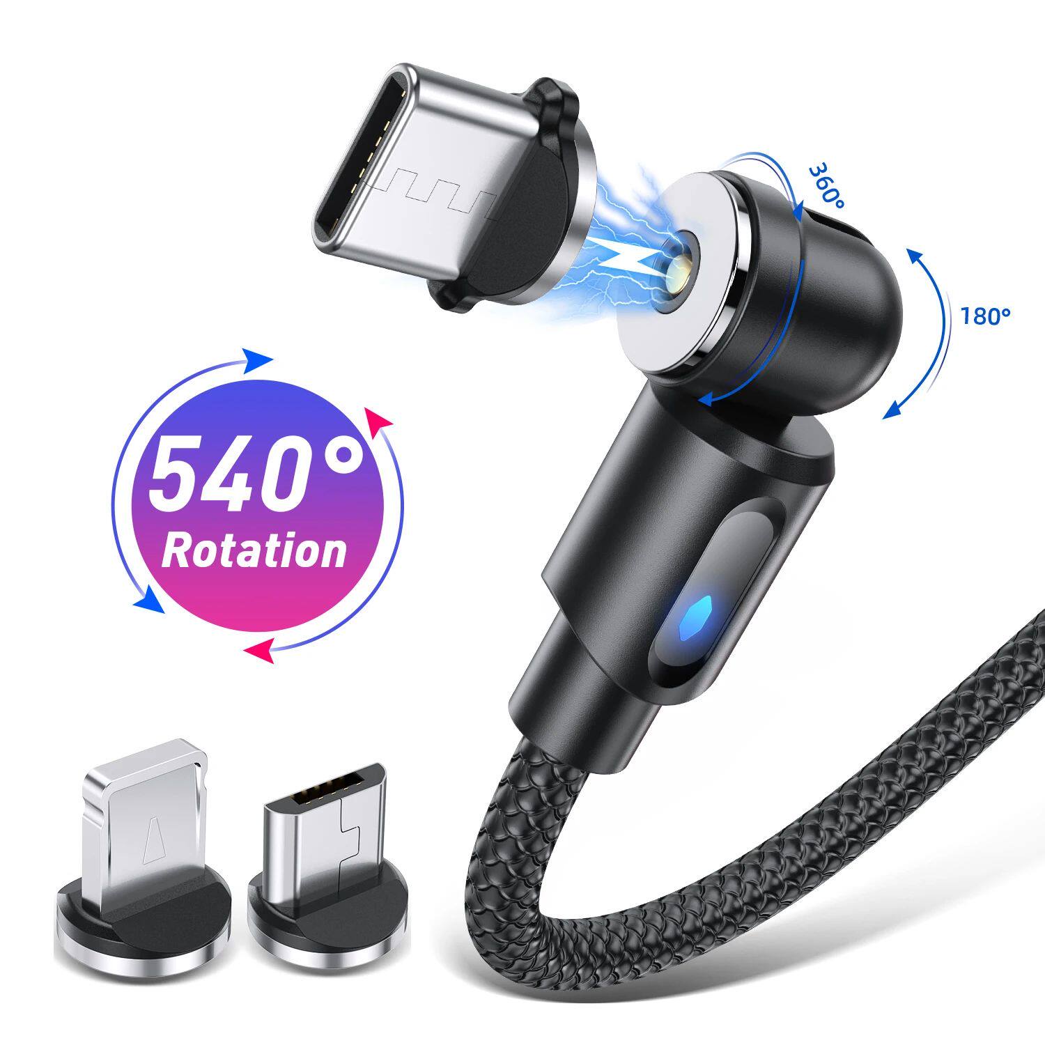 Magnetic Cable Type C Micro USB Cable Phone Charger 540 Degree Rotating Data Cable With LED For iPho