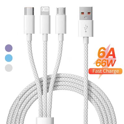 66W 3In1 Quick Charging Cable 6A Micro USB Type C Data Cable For Super Quick Charger Nylon Braid Cab