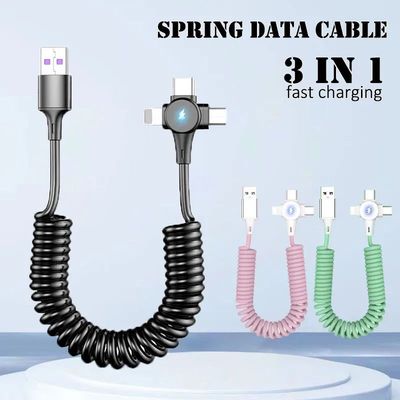 3In1 Spring Charge Line Elastic 6A Data Cable Quick Charger Micro/Type C For iPhone 16 15 Samsung Hu