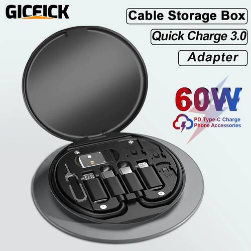 PD 60W Multifunctional USB Type C Data Cable Set Quick Charging For IPhone Charger Storage Box Adapt