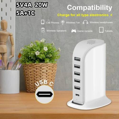 5V4A 20W smart 6In1 USB multi port charger compatible different IOS/Android devices portable charger