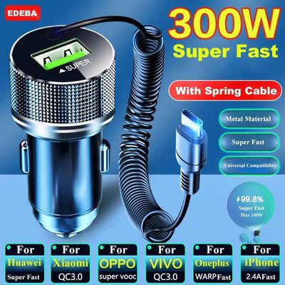 Metal USB Car Charger with Type C Cable 12V Super Quick Charging Vehicle Adapter 2In1 for iPhone Sam