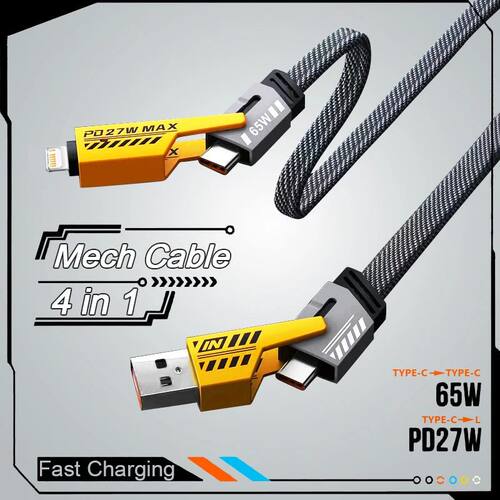 4In1 Mecha Quick Charging Data Cable Cord PD 27W For iPhone 15 Samsung 65W USB Type C Multi Port Qui