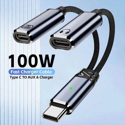 USB C Headphone and Charger Adapter 2In1 USB C to Aux Audio Jack with PD 100W Quick Charging Dongle