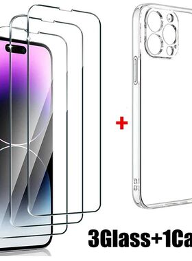 3PCS HD Tempered Glass+1PC Phone Case Set Meal For iPhone 15 13 14 12 11 Pro Max 14 15 Plus Screen P