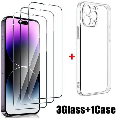 3PCS HD Tempered Glass+1PC Phone Case Set Meal For iPhone 15 13 14 12 11 Pro Max 14 15 Plus Screen P