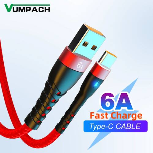 6A 66W USB Type C Cable For Huawei P50/Honor Quick Charging USB C Charger Cable LED Indicator Data C