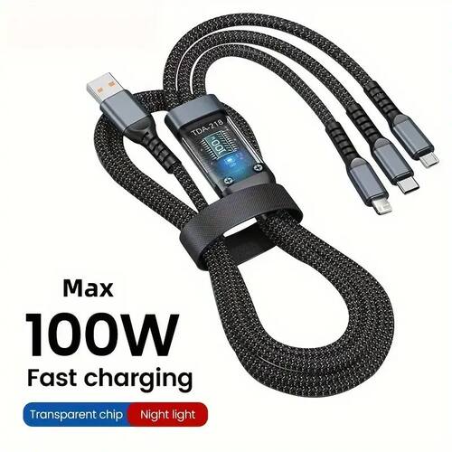 100W 3In1 Quick Charging Mobile Phone Data Cable For Type-C iPhone USB Micro LED Digital Display Cha