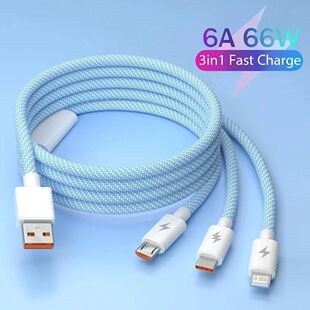 6A 66W 3In1 Super Quick Charging Macarone Braided Data Cable for iphone 14 15 Huawei Samsung Android