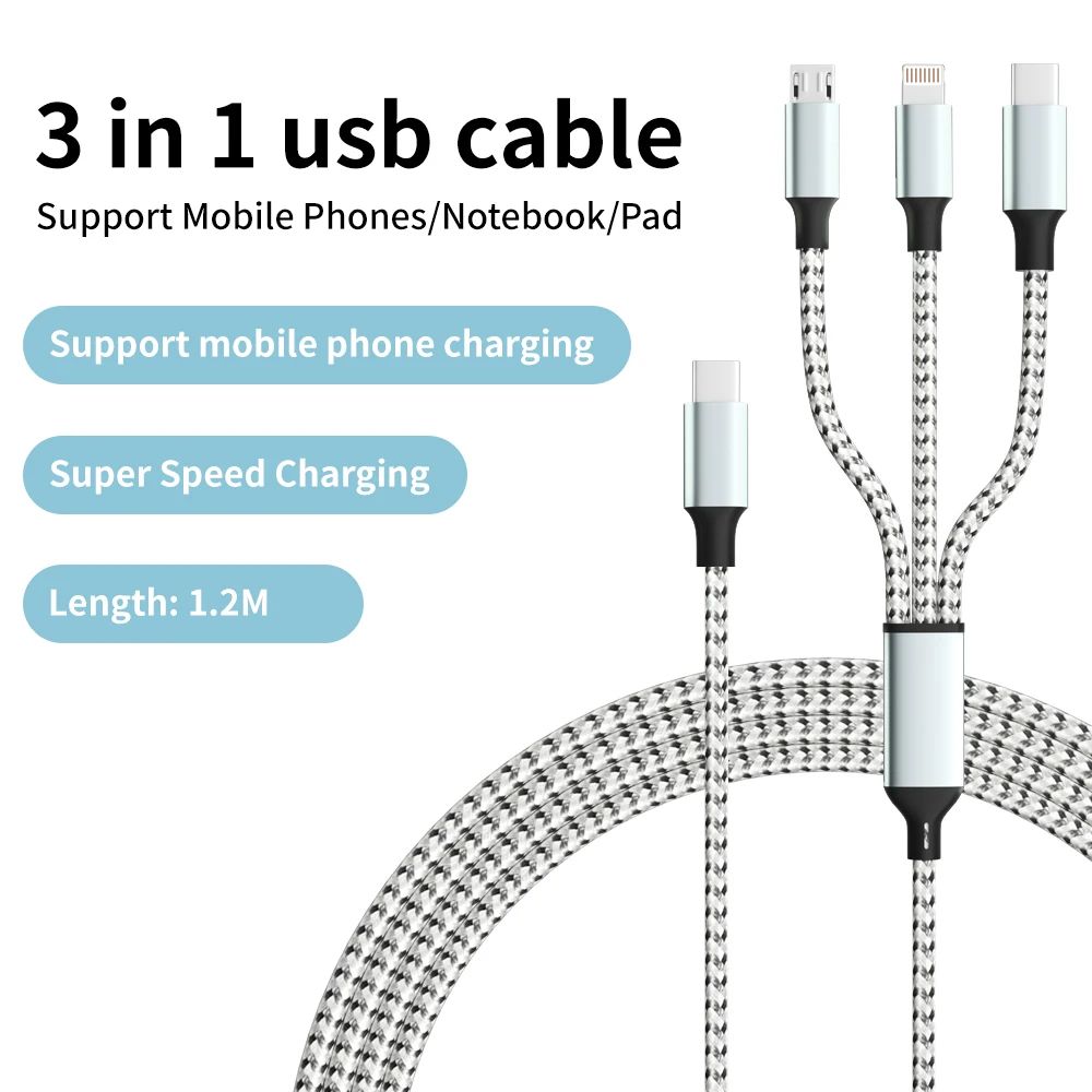 3In1 Quick Charging Type C USB Cable Type C Usb Micro For Iphone Samsung Huawei Multi Port Multiple